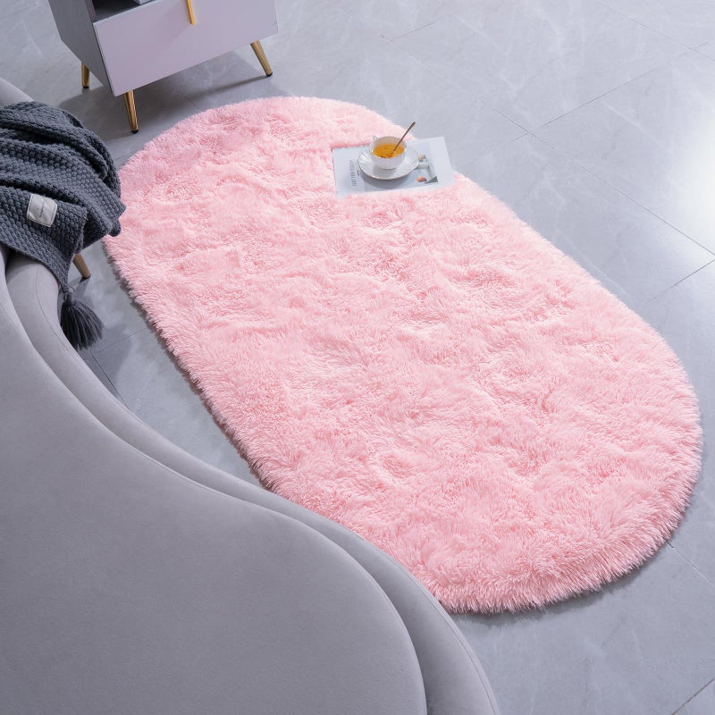 Goideal Fluffy Bedroom Rug, Small Oval Area Rugs, Pink Shag Bedside Carpet for Kids Room Nursery Dorm Cute Fuzzy Indoor Decor for Boy and Girl, 2.6 x 5.3 Feet - Image 3